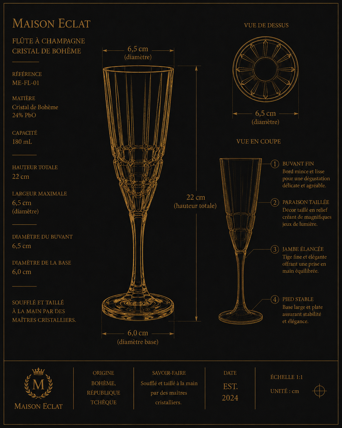 Coffret de 6 Flûtes à Champagne Élégance 180 mL - Cristal de Bohême